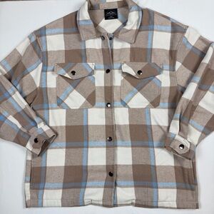 HFX Plaid Plaid Button Down Brown Blue White Flannel Oversized Shacket Medium